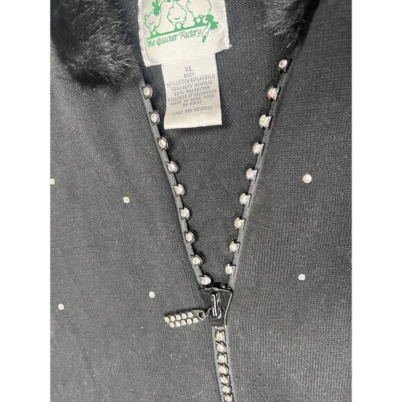 The Quacker Factory Black Velvet Rhinestone Accents Full Zip Sweater Size XL - Picture 4 of 4